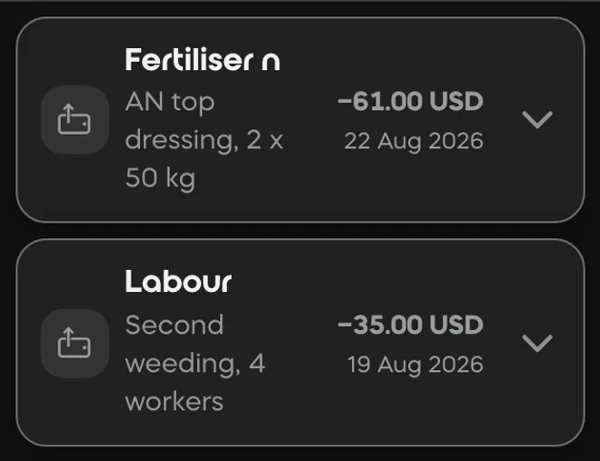 Divisi ledger entries: fertiliser out, a tomato sale in and casual labour paid, each with the amount, the currency and the date it happened