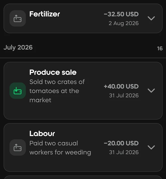 Divisi ledger entries: fertiliser out, a tomato sale in and casual labour paid, each with the amount, the currency and the date it happened