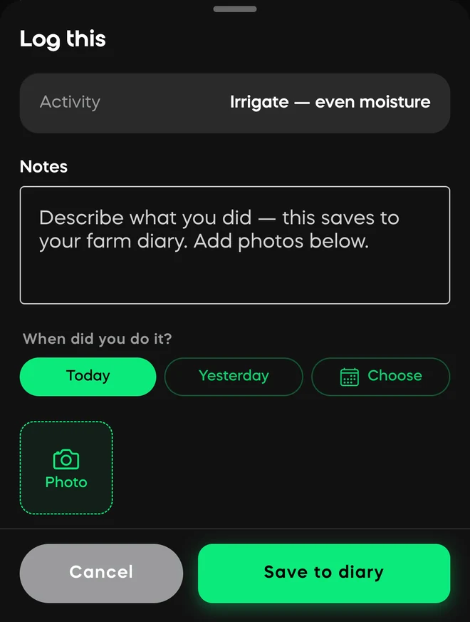 Logging a finished job in Divisi: the activity, a note, when you did it and a photo — saved straight to the farm diary