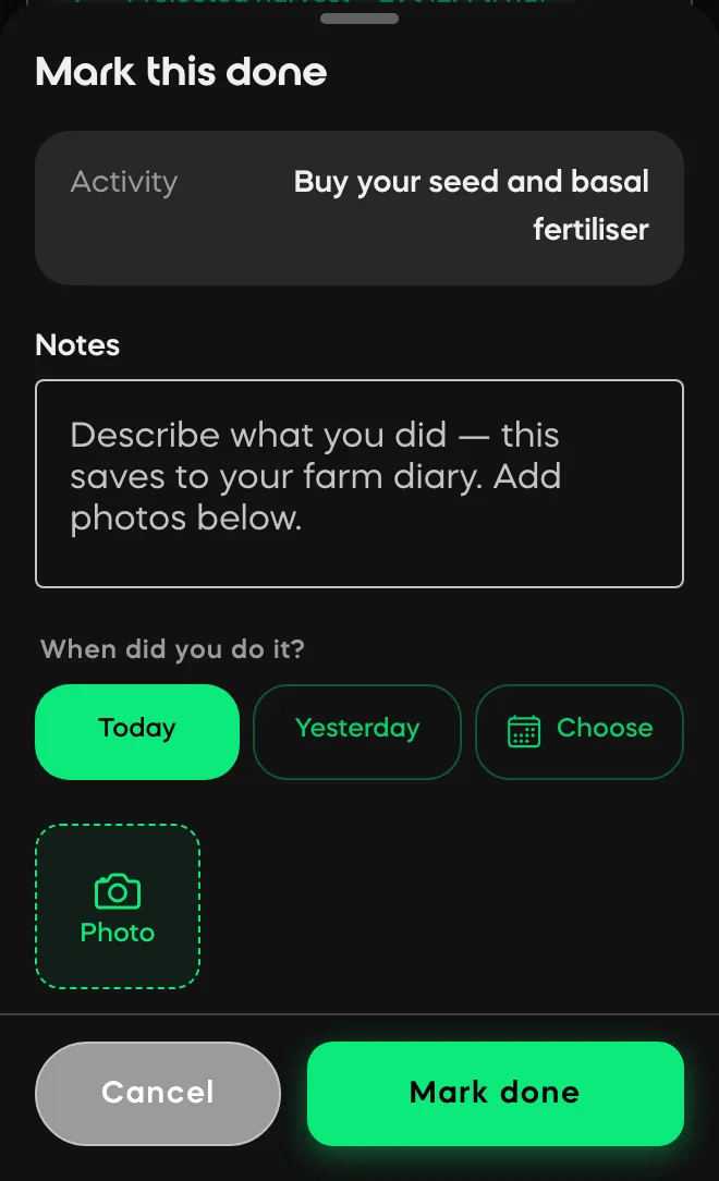 Logging a finished job in Divisi: the activity, a note, when you did it and a photo — saved straight to the farm diary