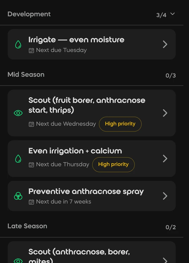 A Divisi season plan grouped by growth stage: irrigation due Tuesday, scouting due Wednesday and a preventive spray, each with its priority