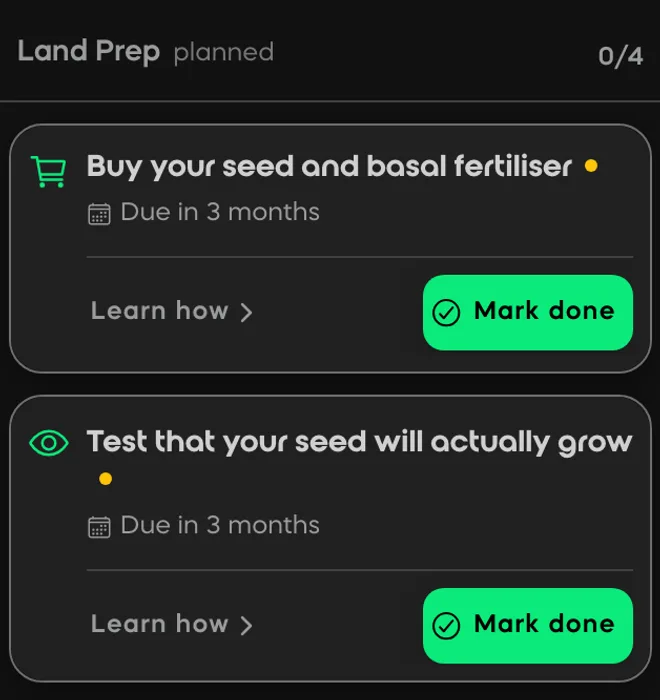 A Divisi season plan grouped by growth stage: irrigation due Tuesday, scouting due Wednesday and a preventive spray, each with its priority