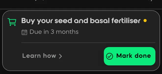 A Divisi task card: buy your seed and basal fertiliser, due in 3 months, with learn-how steps and a mark-done button